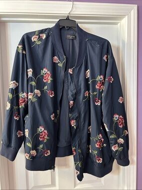 Lane Bryant Navy Floral Embroidered Bomber Jacket with Pink & Red Blooms